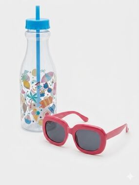 Pink Retro Square Sunglasses with Blue Topped Printed Bottle